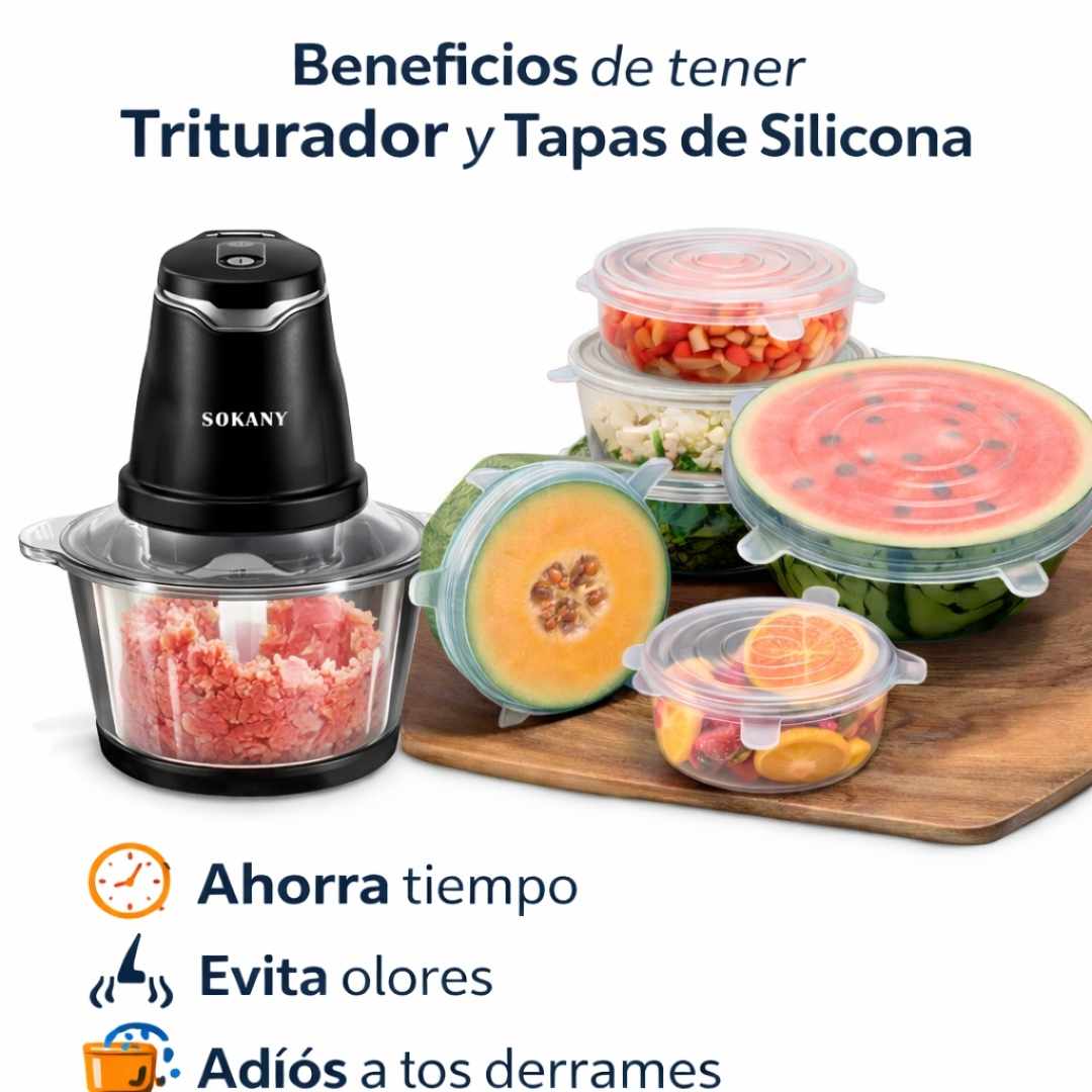 Combo Cocina Inteligente: Tritura Fácil + Conserva Fresco con Tapas de Silicona Vista™