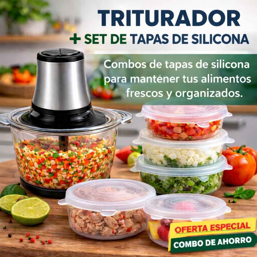 Combo Cocina Inteligente: Tritura Fácil + Conserva Fresco con Tapas de Silicona Vista™